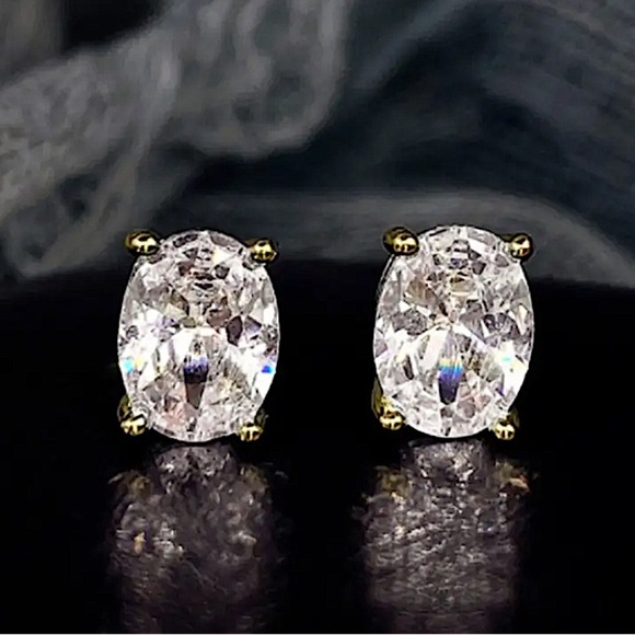 Gold Oval Cubic Zircon Stud Earrings, Wedding, Bridal, Anniversary - Picture 3 of 3